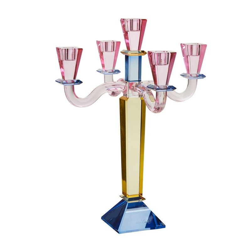 Vibrant 5-arm color crystal candelabra, featuring a colorful design perfect as a modern event table centerpiece and decorative candle holder